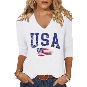 Womens 3/4 V Neck Sleeve American Flag Shirts 4th of July Summer Shirts Graphic Tops (Medium, White)