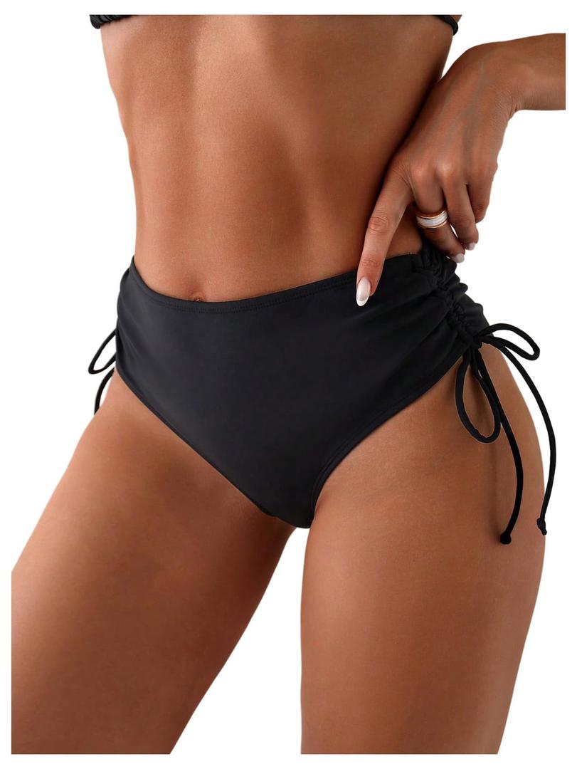 RoseSeek Women's Bikini Bottoms High Waisted Side Drawstring Panties Swimsuit Bottom Cheeky Swimwear Black Medium (M)