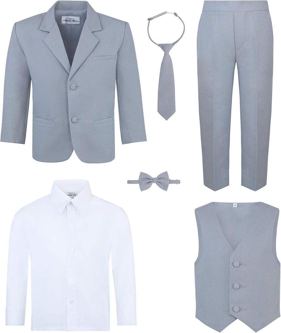 Boy's 5-Piece Suit Set - Includes Suit Jacket, Dress Pants, Matching Vest, White Dress Shirt, Neck Tie (14, Gray)