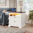 Vabches Nightstand with Charging Station, Vintage End Table with 2 Drawers, Wood Rustic Sofa Side Table with Open Storage Shelf for Bedroom, Living Room, 17.7 inches x 23.6 inches x 24 inches