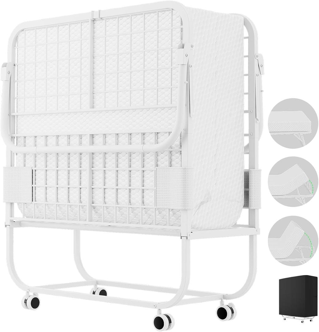 Adjustable Folding Bed with Mattress for Adults, Portable Folding Bed with Backrest, Cot Size Rollaway Bed with Memory Foam Mattress and Metal Frame on Wheels, Guest Bed, 75 x 31, White