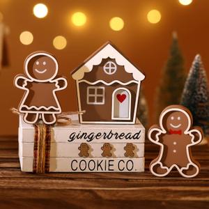 Jetec 6 Pcs Christmas Gingerbread Table Decor Wooden Xmas Gingerbread House Signs Farmhouse Tiered Tray Decor Rustic Mini Book Wood Block Centerpiece Decorations for Home Office Desk Shelf Party Gift
