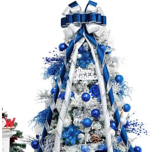 Christmas Tree Topper Bow53x13 Inches Large Christmas Bow with Glitter StreamerDecorative Bows for Xmas Tree Wreath Door Festival Home Decor(Blue & Silver)