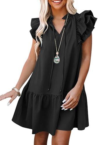 ANRABESS Womens Summer V-Neck Drawstring Ruffle Cap Short Sleeve Casual Shift Mini Dress with Pockets, Size XL