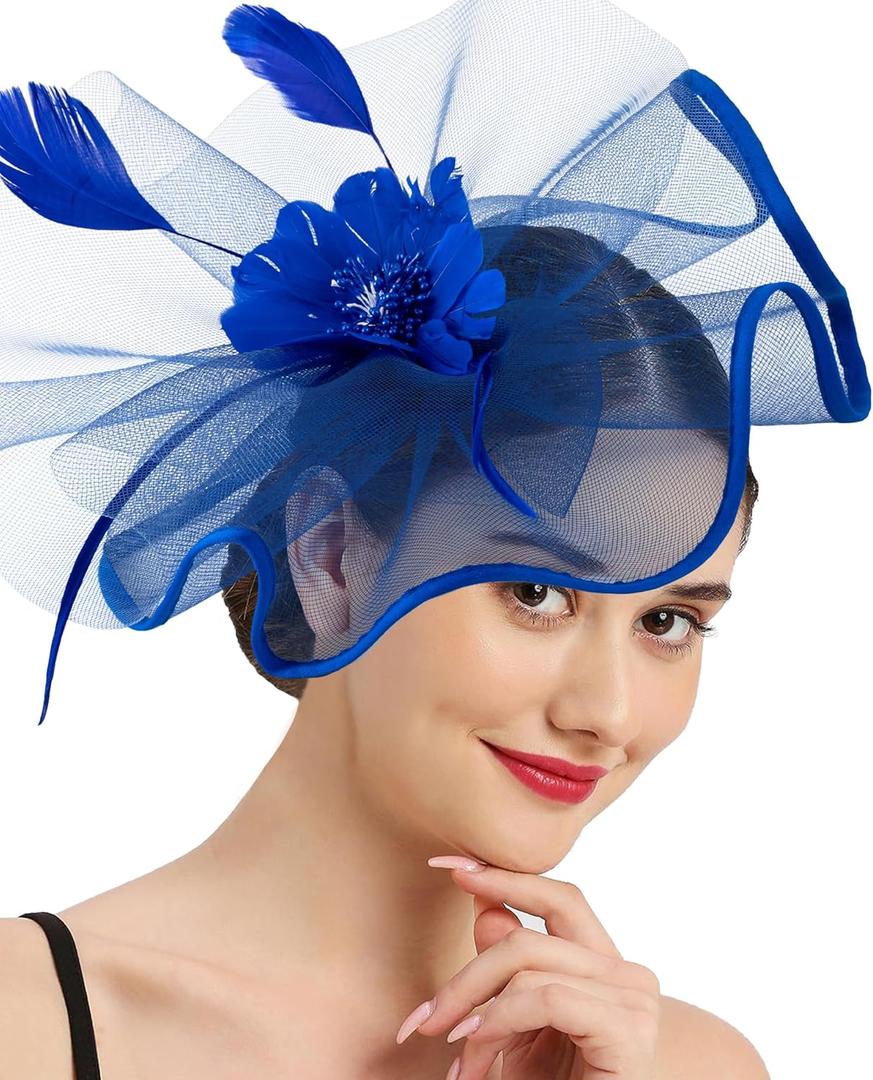 Tea Party Fascinator Hats for Womens 50s Floral Feather Headwear Derby Hats for Wedding Cocktail Party Hat (Blue)