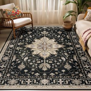 Area Rugs 5'x7' Washable Non-Slip, Floral Vintage Distress Print Pattern Medallion Carpet for Living Room Bedroom Dining Room, Black Brown Neutral Dark Tan