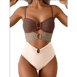 Eomenie One Piece Swimsuit for Women Ring Linked Monokini Sexy Bathing Suit Cutout Swim Suit, color brown color block, Size XL