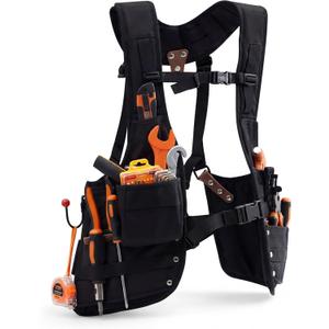 1 Pack Tool Vest with Leather, 33 Pockets with Removable Nail Pouch and Drill Holster Bag Heavy Duty Tools Belt Fully Adjustable for Men Women Electrician Construction Carpenters