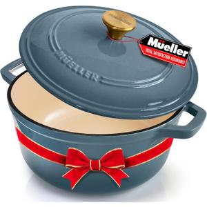 MUELLER HOME 6 Quart Enameled Cast Iron Pot Dutch Oven, Heavy-Duty, Oven-Safe up to 500 F & Across All Cooktops, Bread Pan with Lid & Knob, Cast Iron Cookware, Blue Kitchen Accessories, Mineral Blue