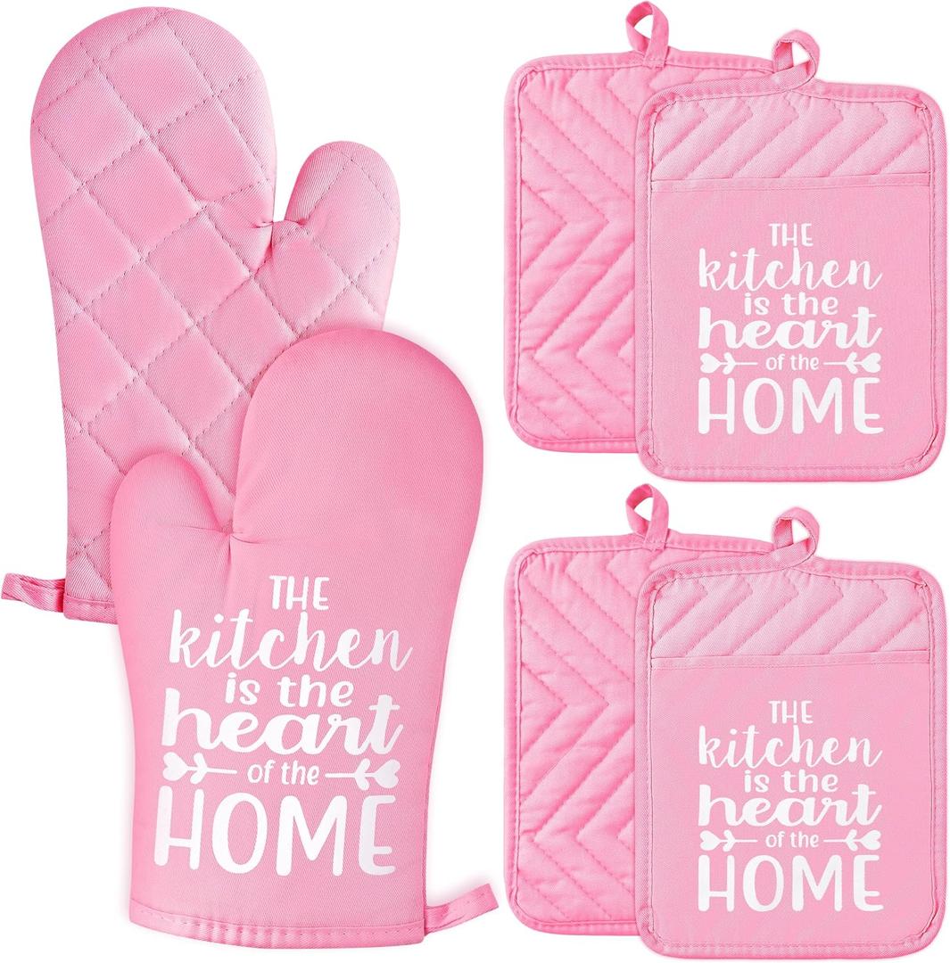 GROBRO7 6Pcs Funny Oven Mitts Pot Holders The Kitchen is The Heart of The Home Heat Resistant Hot Pad Machine Washable Gloves with Hanging Loop Pocket Hot Pad for Baking Cooking Pink
