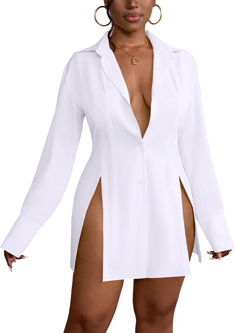 LYANER Women's Button Down Shirt Dress Collar V Neck Long Sleeve Slit Sexy Shirt Dresses (Large, White)