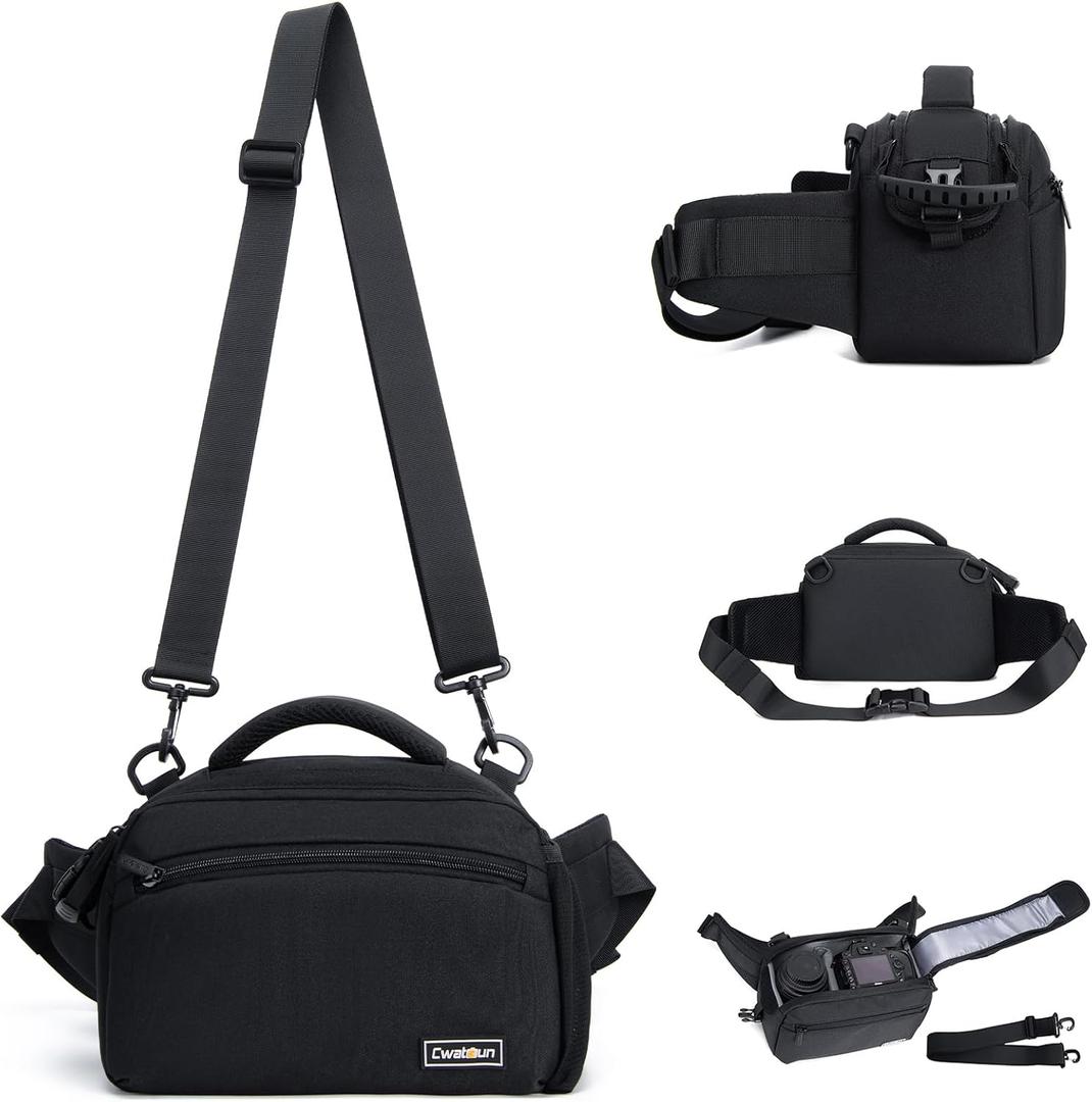 Cwatcun Waist Camera Case DSLR SLR Bag Sling Shoulder Camera Bag Water Resistant Pack for Camera Carrying Case for photographer Hiking Shooting Traveling Men Women