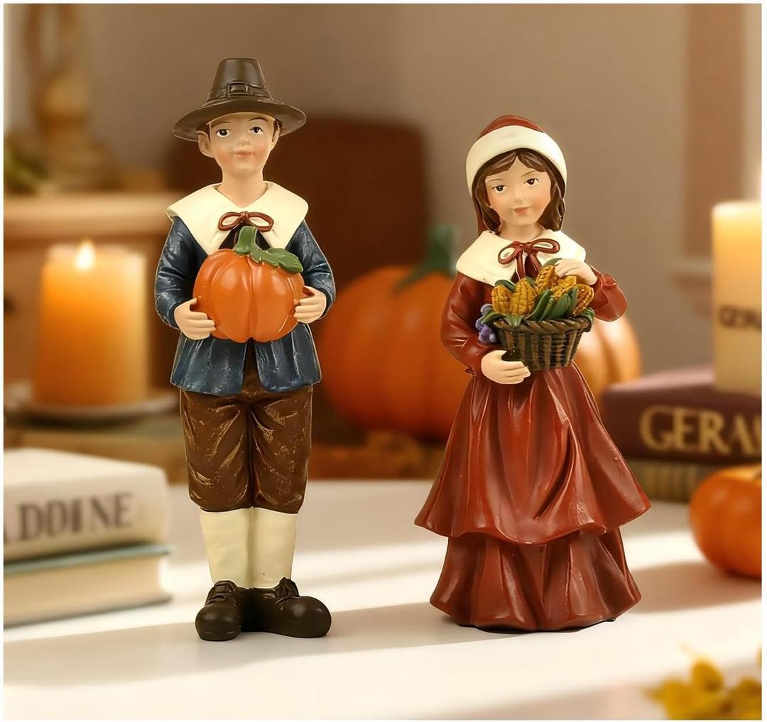 2 PCS Thanksgiving Pilgrim Collectible Pumpkin Figurines - Resin Couple Decorations for Fall Harvest Home, Indoor Thanksgiving Gifts, Perfect for Fall Decor, Tabletop or Outdoor Display (4.57"H)