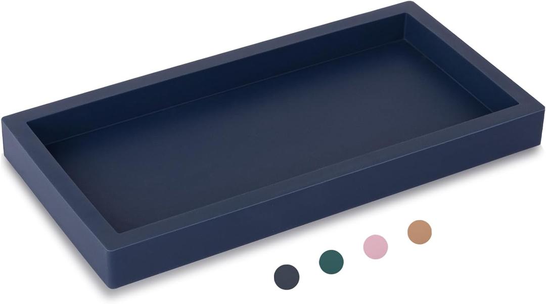 Small Silicone Bathroom Vanity Tray Rectangle Soap and Sponge Holder Kitchen Sink Organizer for Scrubber, Lotion Bottles, Perfume, Jewelry, Candle, Key Trinket Ring, Dark Blue (7.9" x 4.0")