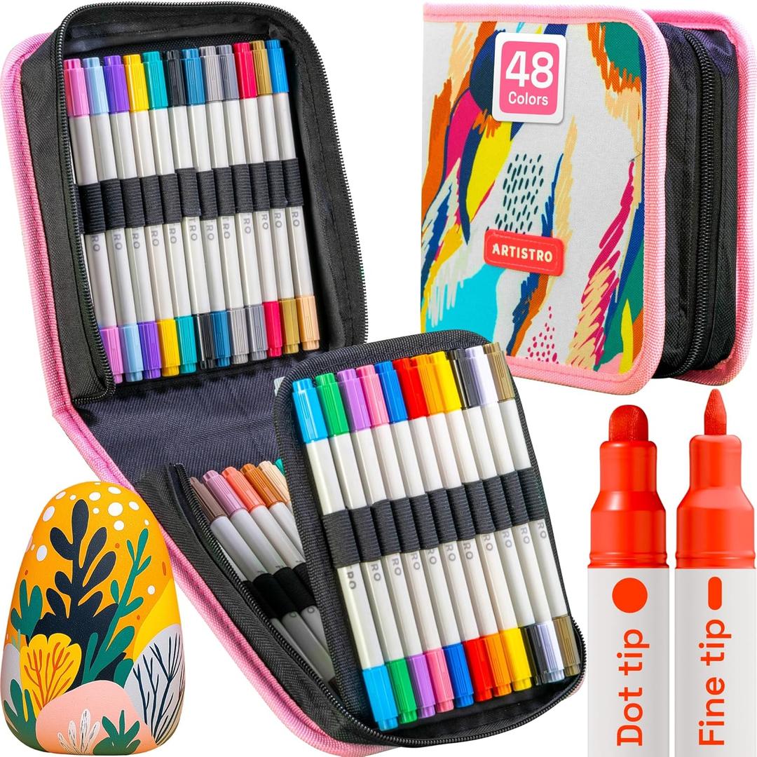 ARTISTRO 48 Colors Acrylic Paint Pens, Dual Tip Art Set (Fine 1mm + Dot 5mm) for Fabric, Canvas, Rock, Glass, Wood, Paper, DIY, for Kids and Adults