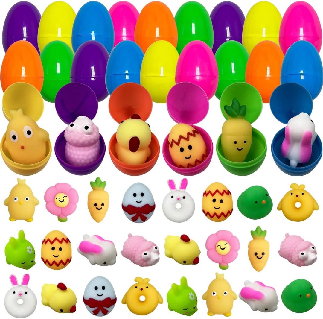 Pinkiwine 24 Pack Plastic Prefilled Easter Eggs with Easter Mochi Squishy Toys Inside for Kids Boys Girls Toddlers Easter Basket Stuffers Gifts Fillers