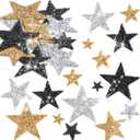 Geosar 60 Pcs Iron on Star Patches Star Shaped Rhinestone Appliques Adhesive Glitter Patches Rhinestone Appliques Embellishments for DIY(Black Gold Silver)
