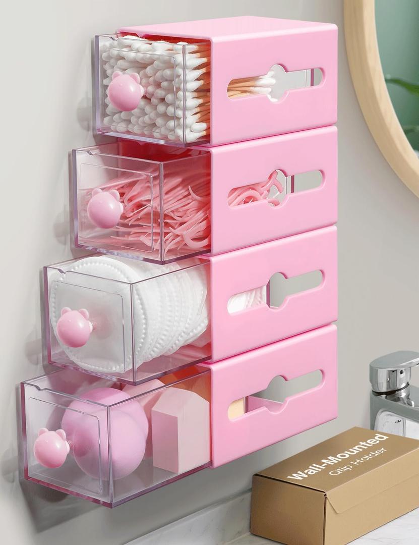 Qtip Holder for Bathroom Wall Organizer  Bathroom Decor, Dorm Room Essential, Small Q-tip Dispenser for Cotton Swabs, Balls, Pads, Floss Picks  Office Storage, Vanity Makeup Organizer(4 Pcs)