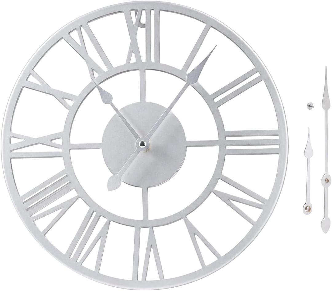 Metal Wall Clock Roman Numerals Battery Operated Decor Clock Silent Non-Ticking Modern Round Wall Clocks for Home, Hotel, Office, Bedroom (Silver, 10inch)