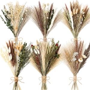 6 Bunches Large Size Dried Flower Bouquet 15 -17 Inch Natural Dried Pampas Grass Decor with Dried Rabbit Tail Grass Eucalyptus with Stems for Vase Boho Wedding Rustic Farmhour Home Floral Arrangement