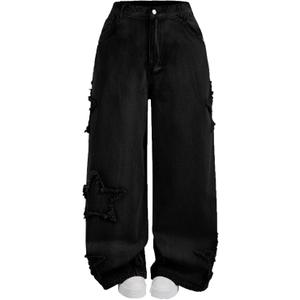 High Waisted Wide Leg Jeans, Heart Pattern Distressed Denim (2X, Black Star)