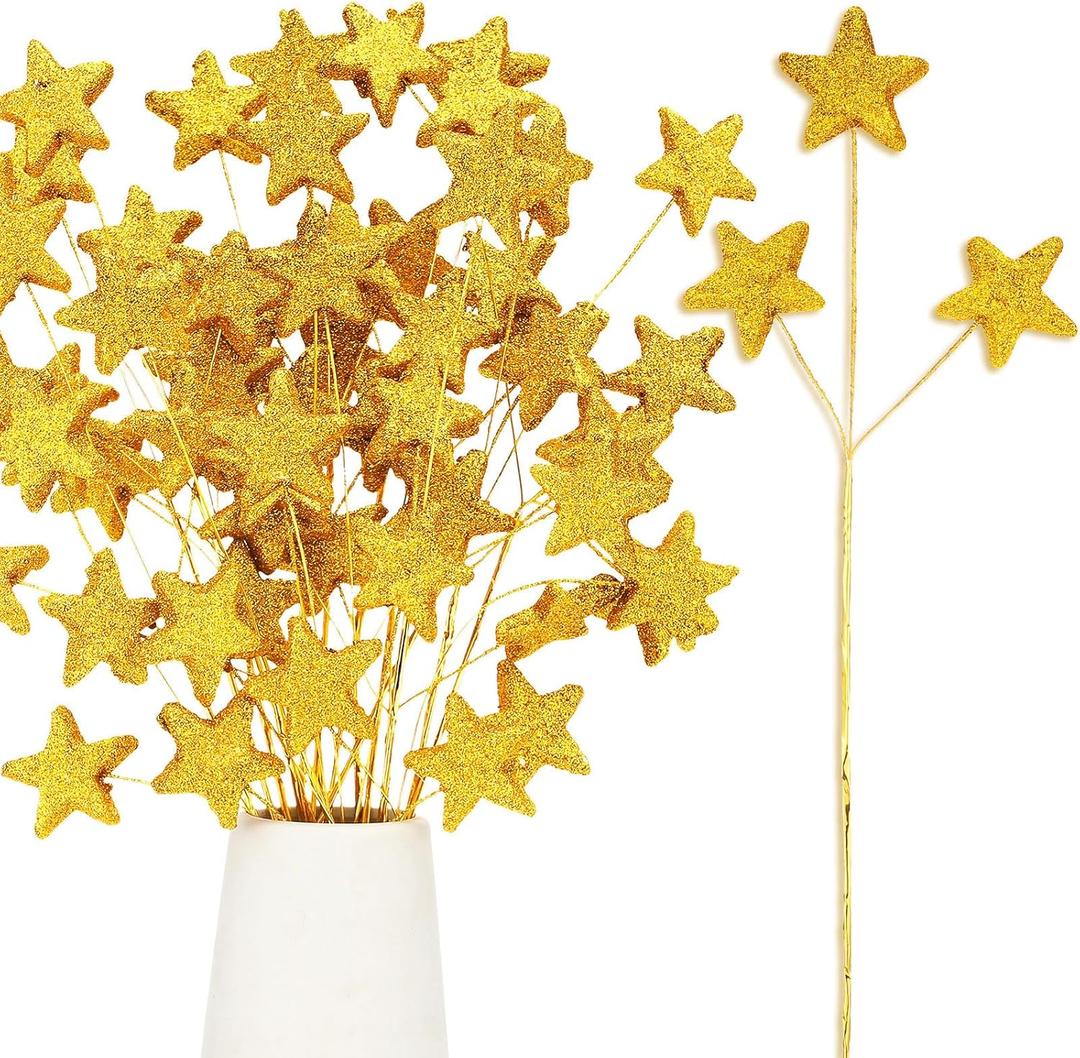 24 Pcs Glitter Star Picks 14.5 Inch Sparkly Star Stem Christmas Star Tree Picks Twinkle Star Sticks Foam Vase Decoration for Christmas Birthday Party Wedding Centerpieces(Gold)