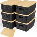 Criusia 6 Pack Plastic Storage Baskets With Bamboo Lid, Stackable Storage Baskets for Organizing Desktop Closet Shelves Drawers Pantry Organization Office Playroom Classroom (Black)