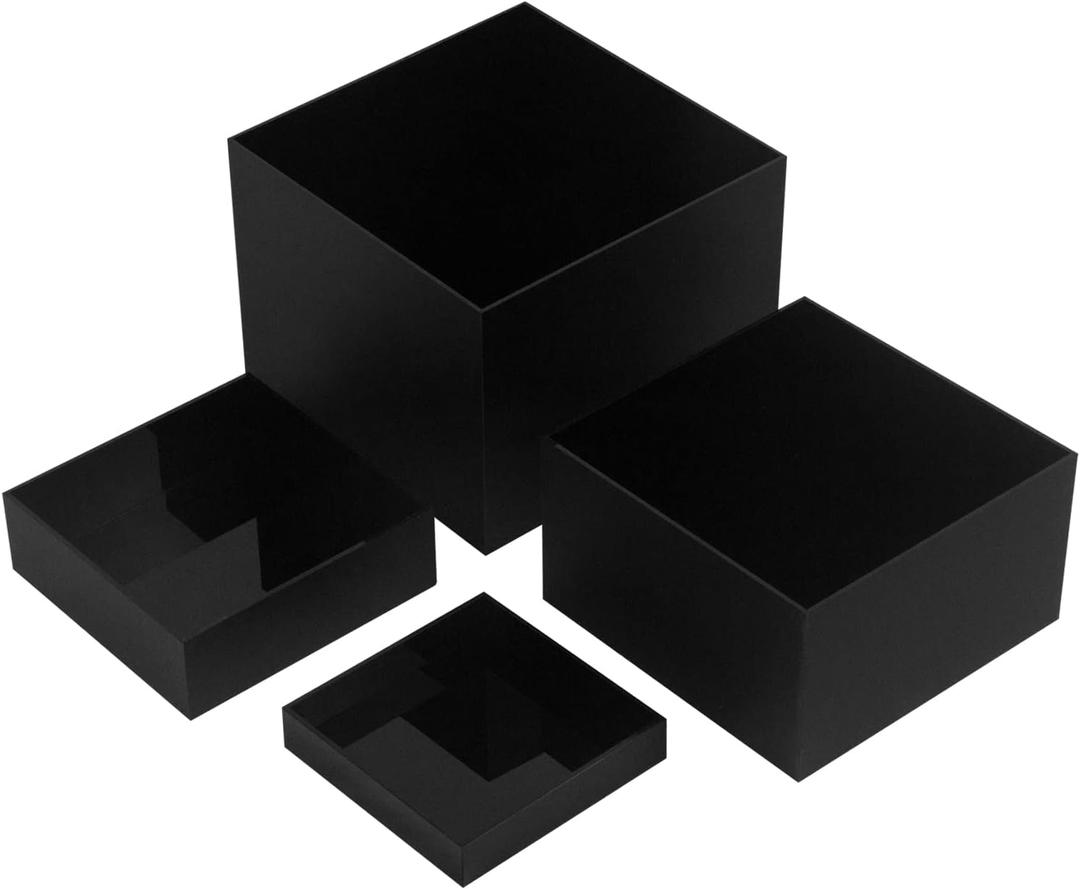 Acrylic Cube Display Boxes Pedestals, Black Platform with Hollow One Open Side, Stackable Nesting Risers Stands Shelf for Collectibles