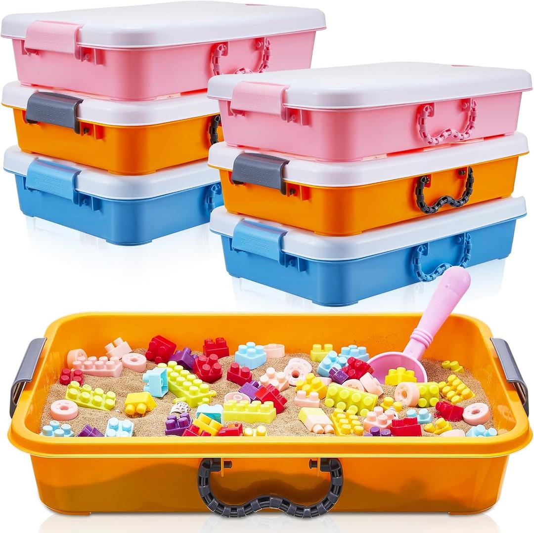 Suzile 6 Pcs Portable Sand Tray with Lid Small Colorful Sensory Bin Play Plastic Sand Tray with Handles Gift for Christmas Water Sand Beads Container, 14.96 x 9.84 x 3.35 Inches, Blue, Orange, Pink