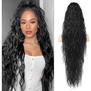 LONAI Ponytail Extension, 34" Black Long Wavy Drawstring Ponytail Extensions, DP001 Softer Lighter 80% Japanese Import Synthetic Clip in Hairpiece Natural Looking Hairpiece for Women-Black