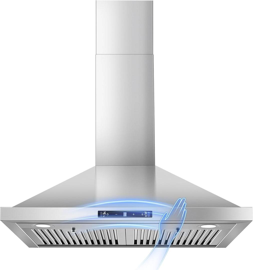 Wall Mount Range Hood 30 inch, 700 CFM Kitchen Hood Stainless Steel Stove Vent Hood with Gesture Sensing & Touch Control, Ducted/Ductless Convertible Duct, 3-Speed Fan, LED Lights, Baffle Filters