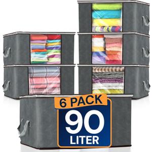 Reli. 90L Large Clothes Storage Bags (6 Pack) Closet Organizers and Storage Containers | Foldable Bins with Lids & Handles | Large Bags for Towels, Comforters, Blankets | Grey