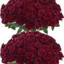 Sggvecsy 50 Pcs Artificial Roses Red Flowers Fake Velvet Silk Roses with Stems Bulk Realistic Faux Flowers for Bridal Bouquets Wedding Centerpieces Valentines Day DIY Home Decor (Burgundy)