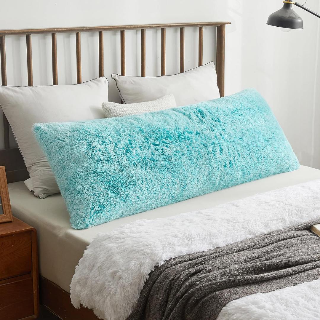 XeGe Cozy 20x54 Long Furry Body Pillow Sham, Plush Fuzzy Faux Fur Body Pillowcase with Zipper, Rectangular Fluffy Pillow Cover for Pregnant Women Side Sleeper, Shaggy Bedding Pillow Aqua Ombre