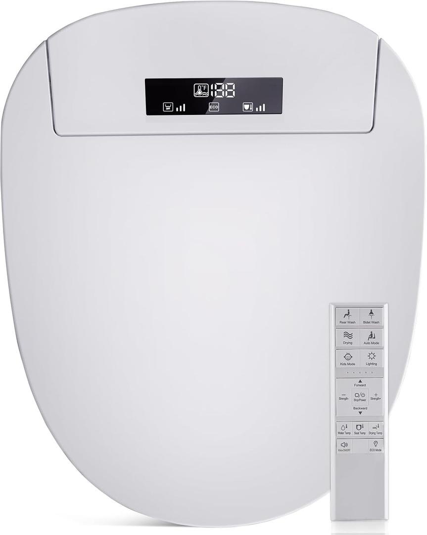 Bidet Toilet Seat with Adjustable Heated Seat & Water, Air Dryer, Quiet Close Lid, Wireless Remote - Electric Bidet Seat 201DSP (Round)