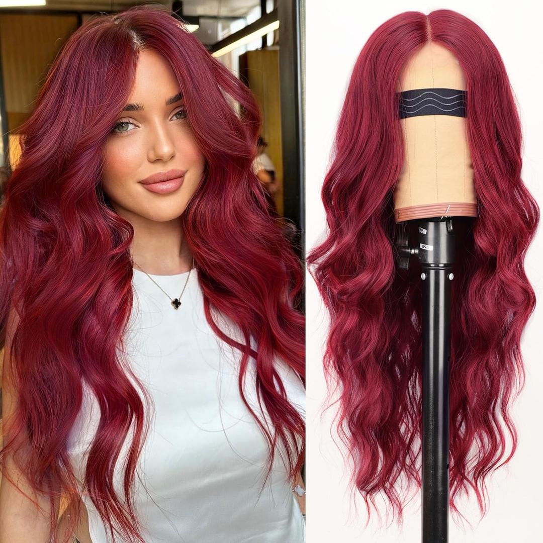AISI HAIR Bright Red Wig for Women, Long Wavy Lace Hairline Middle Part Synthetic Heat Resistant Wig for Daily Party-26 Inch