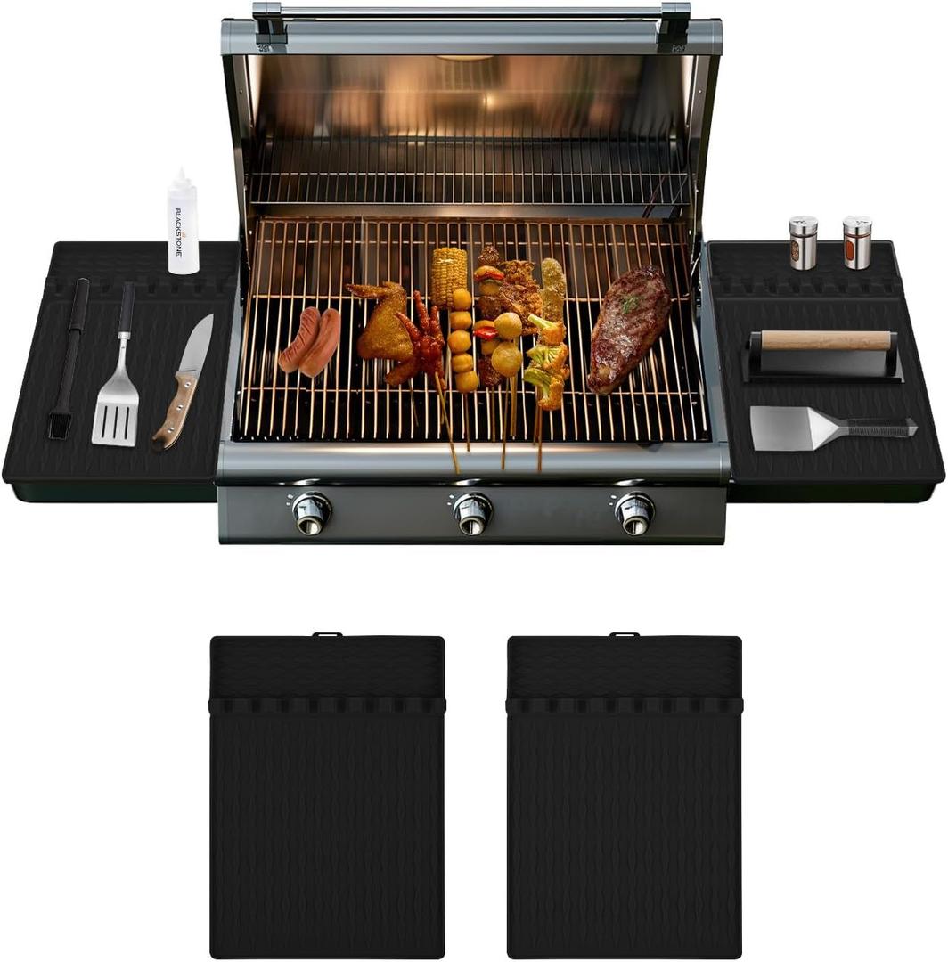 Silicone Grill Mat for Blackstone, Large Counter Spatula Silicone Mat with Drip Pad, Heat Resistant Griddle Accessory for Kitchen, Cooking, Countertop (2PCS Black)