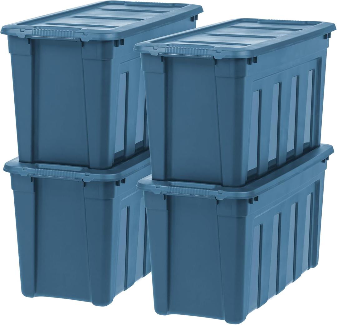 IRIS USA 31 Gallon Eco-Friendly Heavy Duty Storage Totes with Easy-Grip Handles, 4 Pack - Large Bins with Lids Garage Organizing Tubs, Durable Stackable Utility Containers, Made in USA - Navy