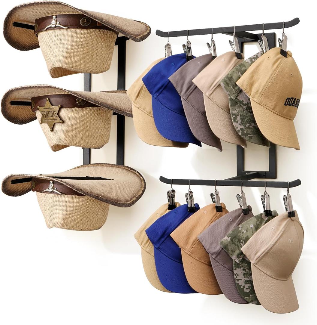 All-in-One Hat Organizer for Wall with 12 Clips for Wide Brim Hats, Caps, Large Capacity Hat Holder for Cowboy Hats, Baseball Caps, Bucket Sun Hats for Closet Bedroom Matte Black