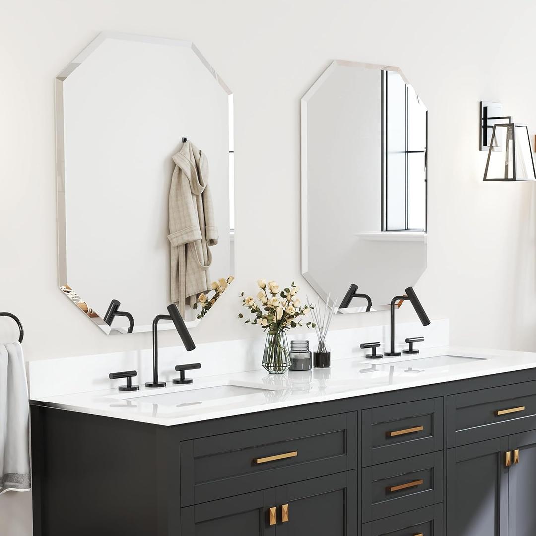Chende 2PCS Beveled Bathroom Mirror, 20" x 30" Octagon Frameless Wall Mirror with Beveled Edge, Glass Mirror Vertical or Horizontal Hanging