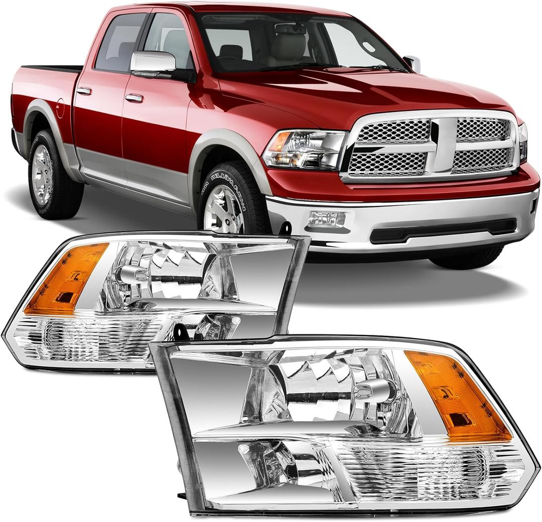 Headlights Assembly For 2009-2018 Dodge Ram 1500 2500 3500, Fit For 09-18 Ram Quad or Dual Style Halogen Headlamp Clear Lens Chrome Housing Amber Corner Head Lights Set Replacement Pair