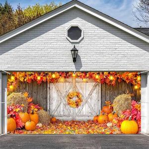 16X7FT Fall Garage Door Decorations Autumn Farmhouse Wooden Barn Door Banner Tanksgiving Harvest Pumpkin Door Cover Maple Leaves Backdrop Bithday Photo Booth Prop Photographic Studio Photo Backgrounds