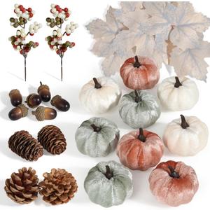 Artmag 25 PCS Pumpkin Decor Set, Artificial Fabric Pumpkins Decor with Acorns, Pinecones, Berries, Maple Leaves for Fall Halloween Thanksgiving Decorations Home Table (Style 6)