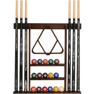 SUPERDIAMOND 6 Holes Wall Mounted Pool Cue Rack, Wood Billiard Stick Holder Holds 6 Cues for Pool Table Accessories, Heavy-Duty Billiards Storage Rack Stand Display for Game Room,Brown