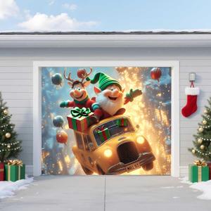 Christmas Garage Door Banner  Flying Elf & Reindeer in Festive Taxi with Gifts, UV Light-Responsive Yellow Glow, Large Outdoor Holiday Mural for Porch & Living Room,8 x 7ft/2.4 x 2.1m