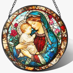 8 Inch Virgin Mary Stained Glass Suncatcher, Stained Glass Window Hanging, Christian Window Hanging Decor, Suncatchers for Windows Door Home Decor and Christmas, Christian Gift, Religious Gift