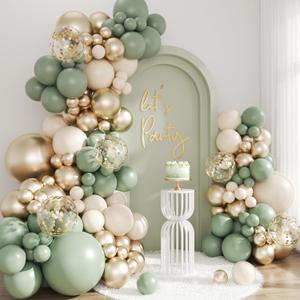 Sage Green Gold Balloon Arch Kit, 143Pcs Sage Green and Sand White Gold Balloons Garland Arch Kit Coffetti Balloons for Birthday Wedding Baby Shower Gender Reveal Decorations
