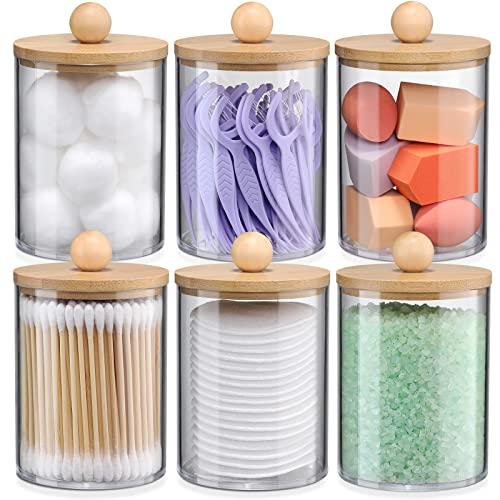 6-Pack Bamboo Qtip Holders - Bathroom Storage for Cotton Balls, Swabs, Pads, Floss