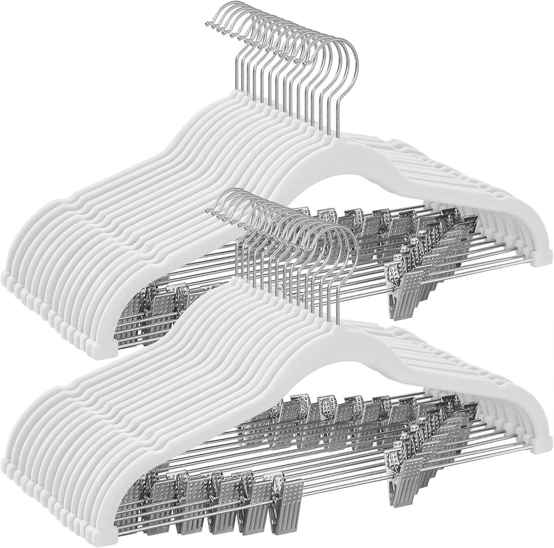 SONGMICS 30-Pack Pants Hangers, 16.7-Inch Long Velvet Hanger with Adjustable Clips, Heavy-Duty, Non-Slip Skirt Hangers, Space-Saving for Pants, Skirts, Coats, Dresses, White UCRF012W02