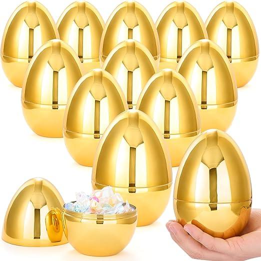 JOYIN 12 Pcs Large Gold Easter Eggs, 6 Inches Metallic Jumbo Plastic Eggs Fillable for Easter Themed Hunt Basket Stuffers Fillers Filling Treats Party Favor Classroom Prize Supplies